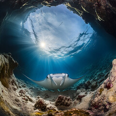 Manta ray swimming underwater coral reef nature photography ocean environment wide-angle view marine life exploration