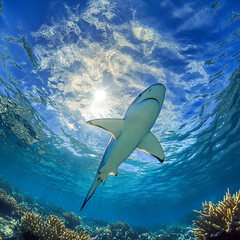 Diving encounter with a graceful shark coral reef underwater photography tropical ocean wide-angle view marine life exploration