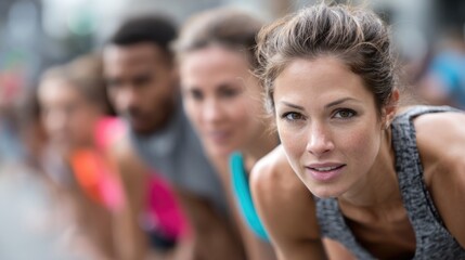 Obraz premium A group of athletes gets ready to start a race, showcasing determination and focus. The urban backdrop adds a dynamic element to the competitive atmosphere in bright daylight.