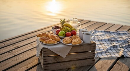 Peaceful lakeside breakfast with pastries fruit and coffee at sunrise