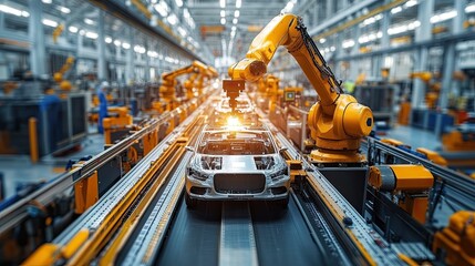 Car body on assembly line with robotic arms in automotive factory