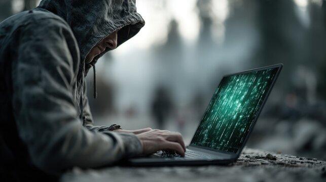In a serene forest setting at dusk, a focused individual in a hoodie types intently on a laptop. The digital display glows with green code, enhancing the mysterious atmosphere.