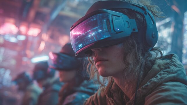 Players wearing advanced virtual reality headsets are fully engaged in a futuristic arena. Neon lights and high-tech equipment create an immersive atmosphere filled with excitement.