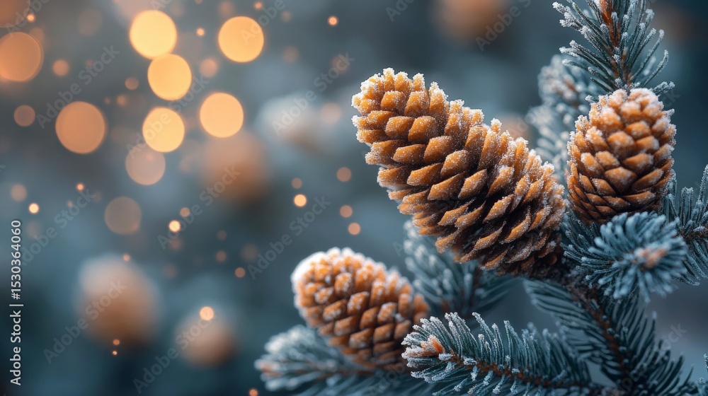 Poster frosty pine cones on evergreen branches with soft bokeh background