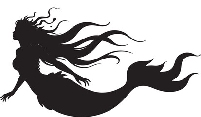 A dramatic, stylized silhouette of a mermaid, with flowing hair and a dynamic tail, set against a pure white background.