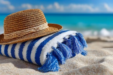 Sunhat resting on striped beach towel, vibrant colors, evokes relaxation and summer vibes, perfect for vacation themes.