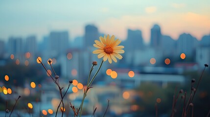 Yellow daisy against blurred cityscape at dusk