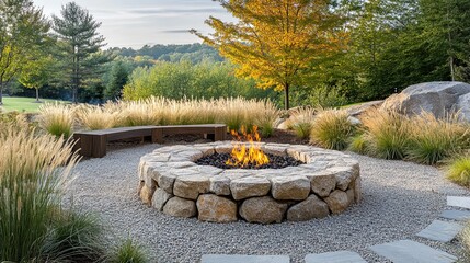 Stone fire pit with flames in a landscaped garden