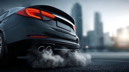 Sleek black sports car accelerating, modern city skyline in background, showcasing speed and urban lifestyle, dynamic vibe.