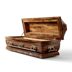 Wooden coffin, elegant craftsmanship and deep finish, symbolizing peace and rest, suitable for memorial settings.