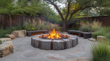 Outdoor fire pit with burning fire surrounded by wooden benches and landscaping