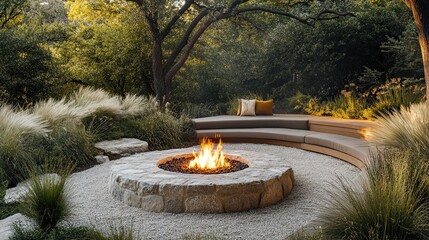 Outdoor fire pit with stone surround and curved bench seating in a lush garden
