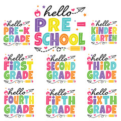Hello Grade School Bundle vector Illustrator design for t-shirt, editable for teachers and students in back-to-school themes