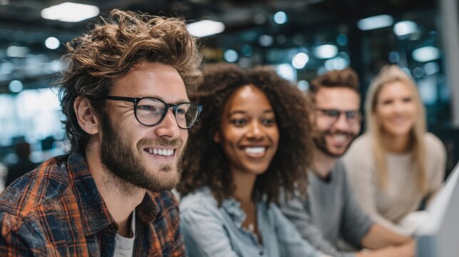 In a vibrant office, a diverse group of young professionals share ideas and laugh while collaborating on a project. The atmosphere is energetic and collaborative, showcasing teamwork.