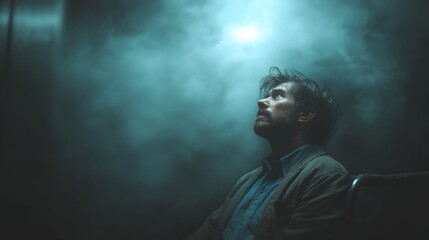 Person in dark environment with blue haze, contemplative expression, emotional depth, perfect for artistic projects or themes of introspection.