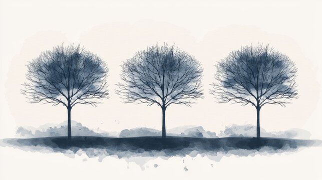 Three bare trees in a landscape.