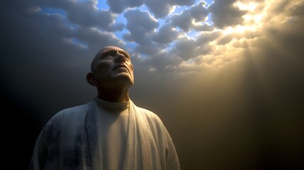 Contemplative man in dramatic lighting, wearing a light garment, deep in thought under a cloudy sky, perfect for introspective themes.