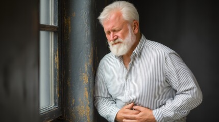 Elderly man with white beard, casually dressed in light sweater, reflecting pensively near window, warm natural light, introspection.