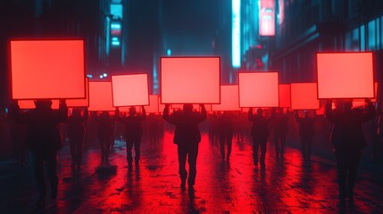 Neon Lit Crowd Holding Blank Signs in a Dystopian Cityscape