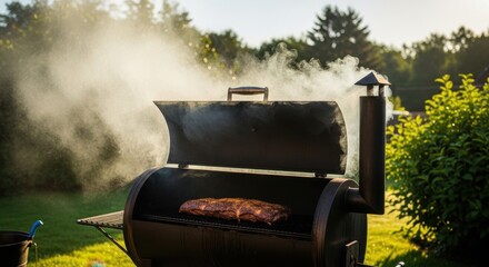 Smoking meat in outdoor barbecue grill in sunny backyard