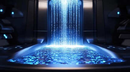 A futuristic clean water filtration system glowing with technology  