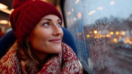 Young woman wearing a red beanie, gazing out the window of a train, cozy atmosphere, reflective mood, ideal for travel themes.