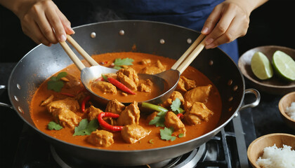 The food is on the dining table. The taste is spicy and hot.