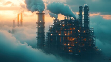 Industrial Surreal Factory with Towers and Vapor, a Dreamlike Energy Production Site