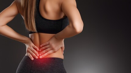 Athletic woman experiencing lower back pain, fit individual holding her back in a workout setting, focus on discomfort, health theme.