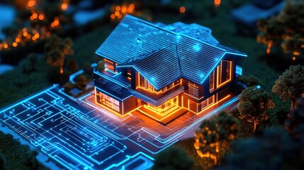 Futuristic Glowing Edge Detail House Isometric Architectural Visualization