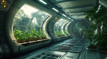 Futuristic Sci-Fi Interior with Plant Life and Circular Window