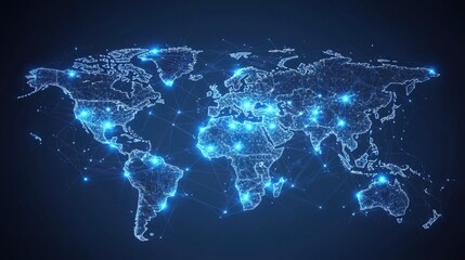 Glowing Network Connection World Map with City Light and Connection Lines