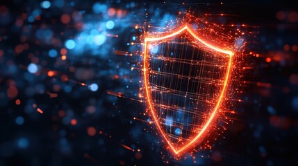 Futuristic Glowing Shield with Data Stream and Digital Network Security Concept