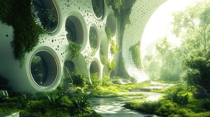 Futuristic Eco Design Architectural Exterior with Greenery and Circular Windows