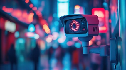 Modern Surveillance Security Camera with Night Vision on Urban Background