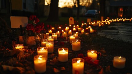 Warm Glow Candle Vigil Memorial Scene with Roses and Signage
