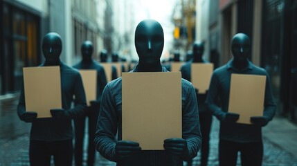 Mysterious Black Figure Holding Blank Cardboard in A Symbolic Street Demonstration