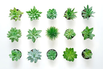 Overhead view arrangement of diverse green succulent plants in small black pots on white background