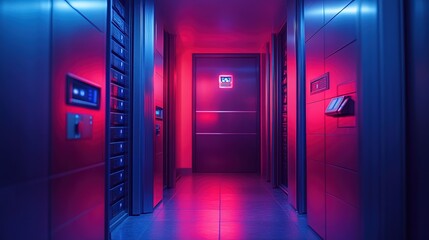 Modern Interior Data Center Server Room With Glowing Neon Lights Detail
