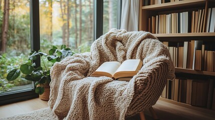 Cozy Reading Nook with Book and Blanket in Tranquil Home Interior