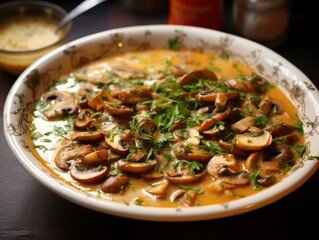 Creamy Mushroom Soup with Fresh Herbs Ready to Serve in Bowl