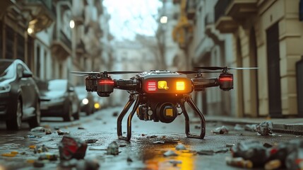 Realistic Detailed Modern Drone on City Street with Litter Close-up