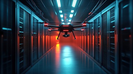 Modern Server Room Inspection with Advanced Drone Technology Illustration