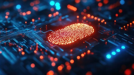 Abstract Glowing Fingerprint on Circuit Board with Digital Security Concept