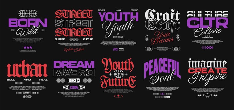 Minimal urban typography design set, Urban culture t-shirt design bundle. Streetwear graphic tee for print, Inspiring quotes poster design collection. Apparel design