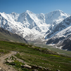 Majestic Himalayan Mountain Range: Breathtaking View of Snow-Capped Peaks and Alpine Meadows on transparent background