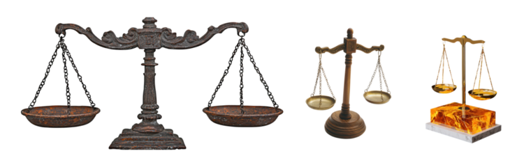 Collection of decorative scales symbolizing justice, featuring various designs and materials, evoking sense of balance and fairness