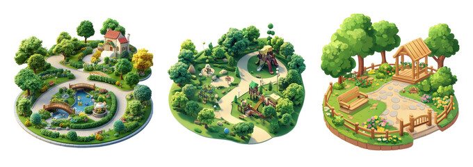 Beautiful garden landscapes featuring lush greenery, winding paths, and charming structures create serene atmosphere