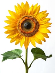 Sunflower with bright yellow petals, isolated on white background