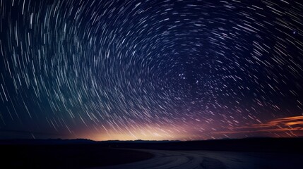 Night Sky with Star Trails Over Desert Landscape at Dusk